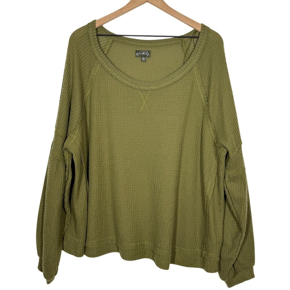 Wonderly Peasant Top Womens Size XXL Olive Green Waffle Knit Thermal Long Sleeve
